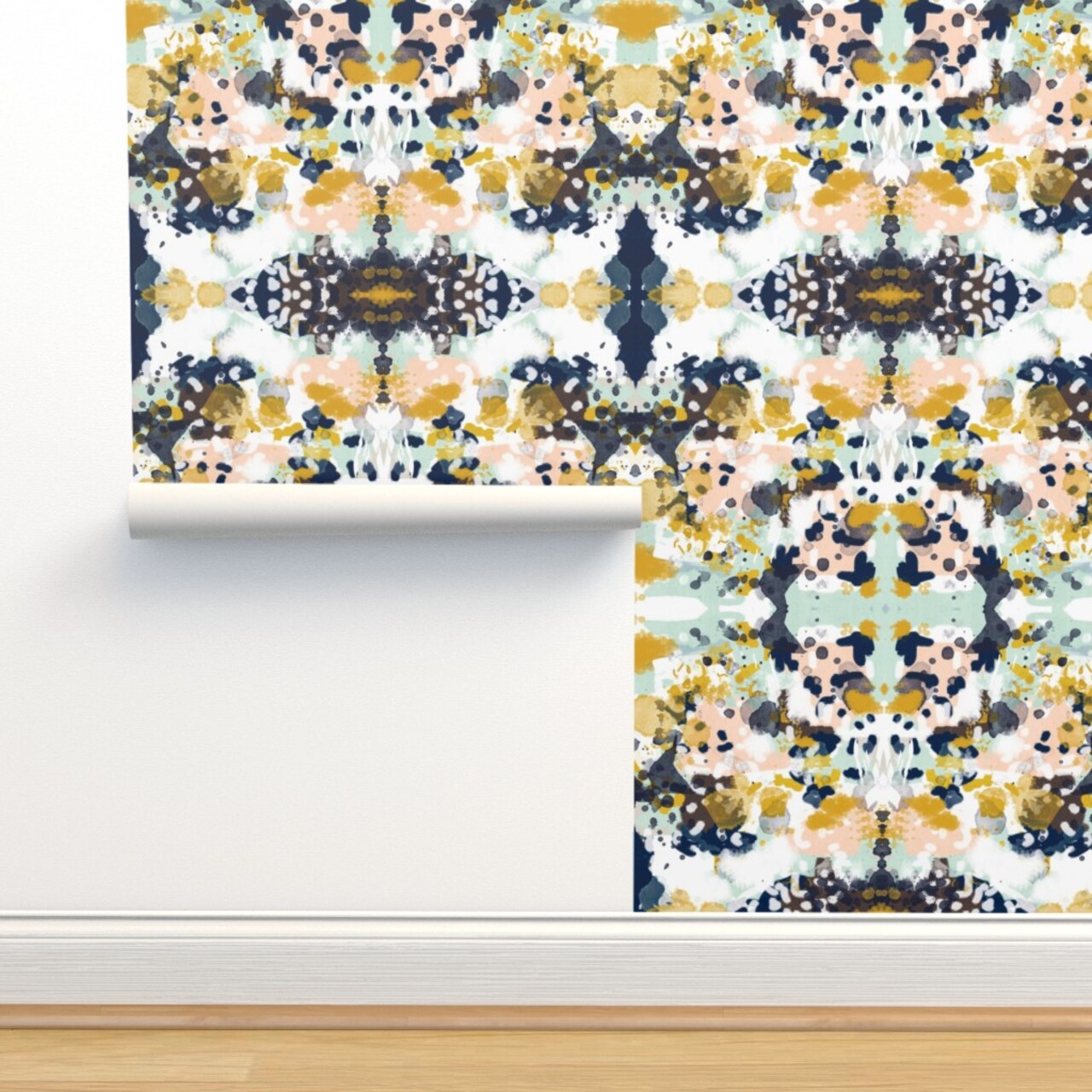 Abstract Painterly Painting Decor Kids Winter Navy Mint Mustard Modern Yellow Blue Pink Tie Dye Custom Removable Wallpaper by Spoonflower Peel & Stick Wallpaper 2FT Wide